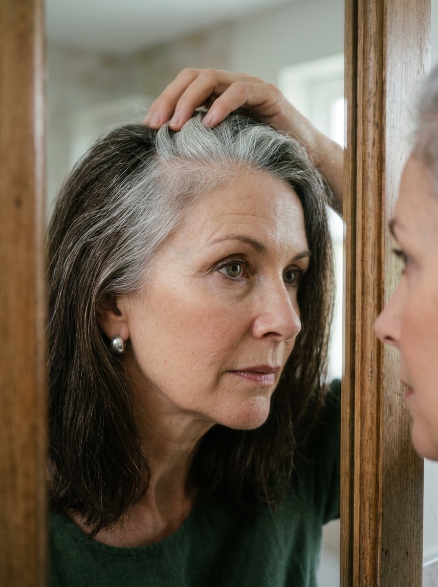 Close-up of a woman touching her silver hair while looking at her reflection in a wooden-framed mirror.