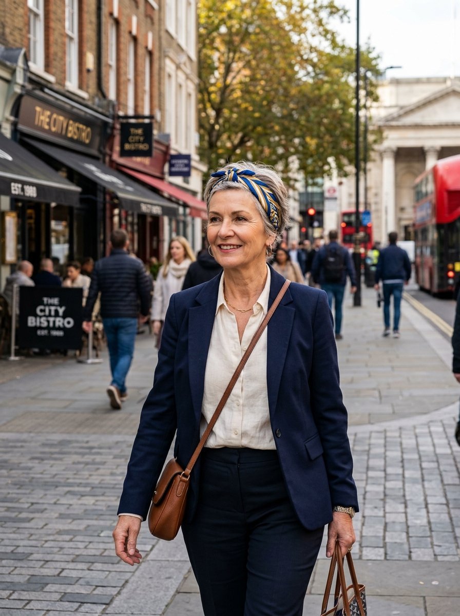 Elegant middle-aged woman with a headscarf walking past a bistro in the city.