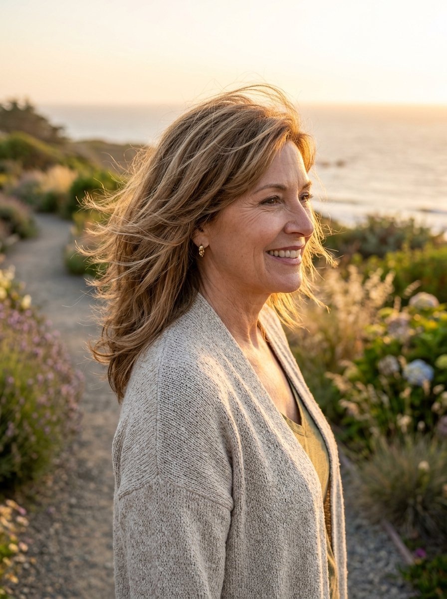 A mature woman with highlighted hair smiles while standing on a coastal path during a golden hour sunset.