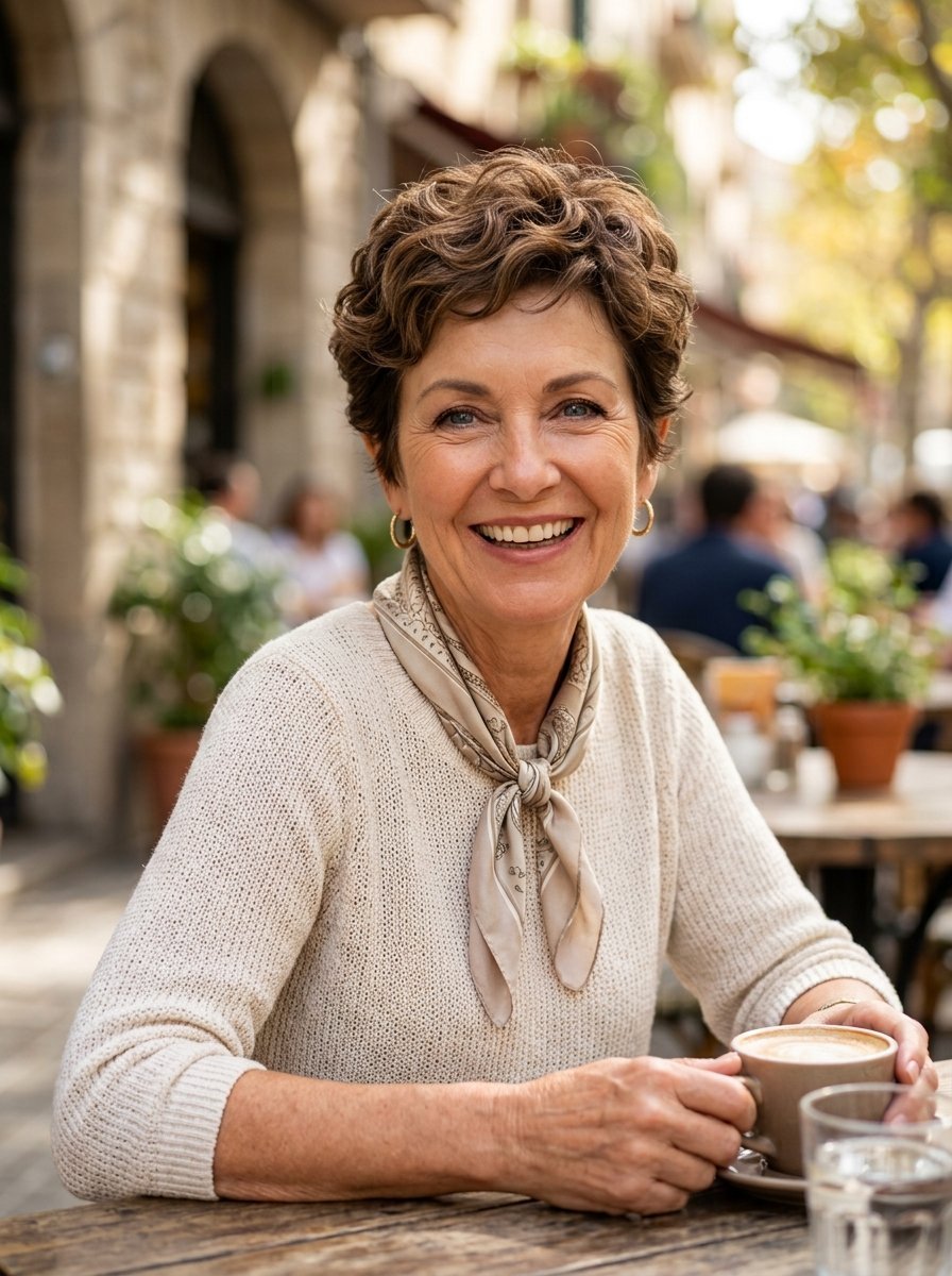 Close-up of a happy older woman with short curly hair wearing a neck scarf while holding a coffee cup at a cafe table.
