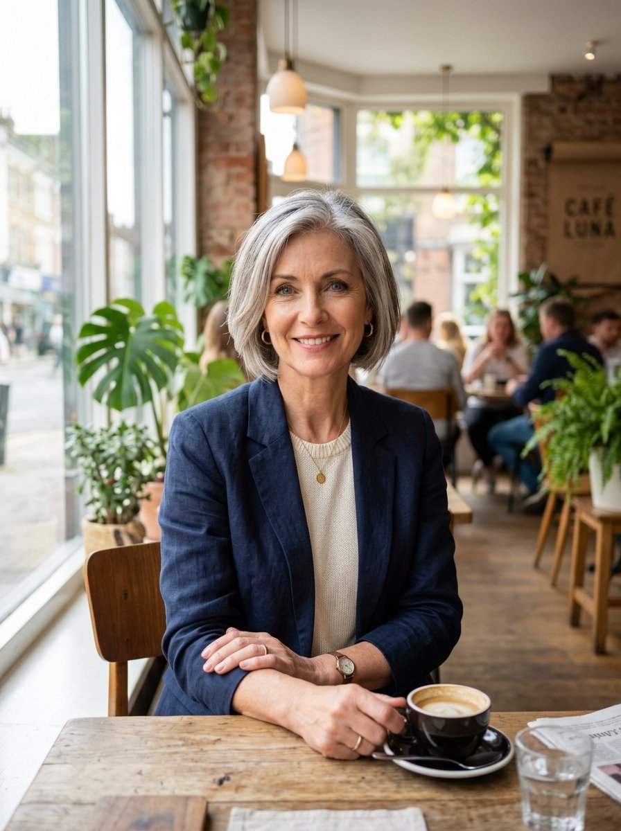A professional woman with grey hair sitting at a rustic cafe table with a latte in front of her.
