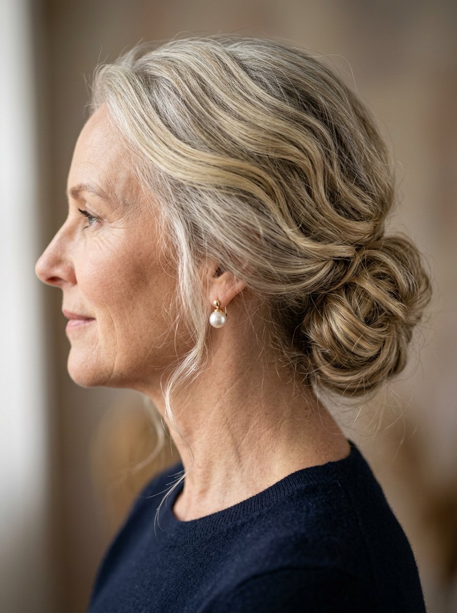 Side view of a woman with grey hair styled in a messy low bun wearing pearl drop earrings.