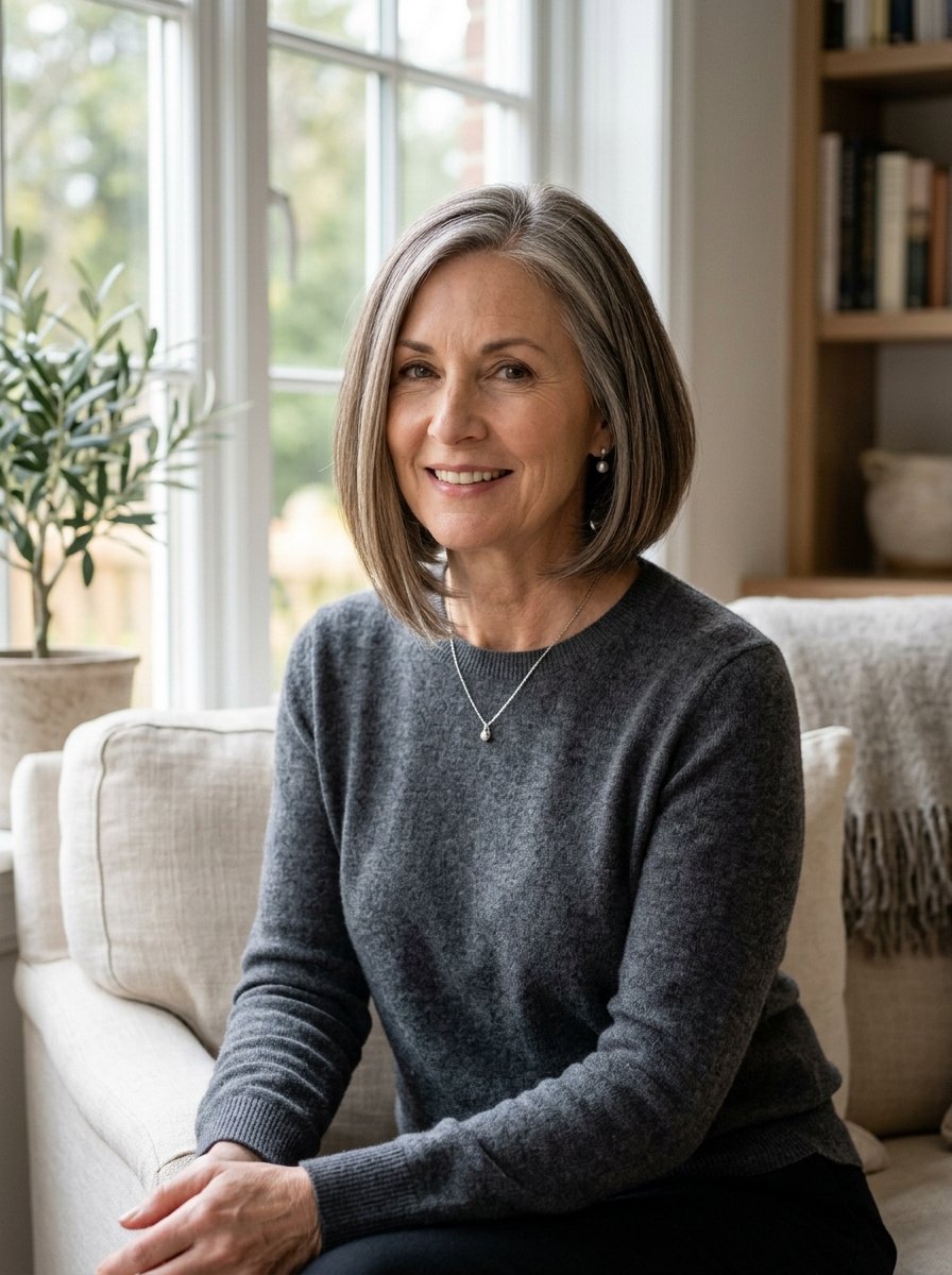 Portrait of a middle-aged woman with shoulder-length grey hair wearing a dark charcoal sweater.