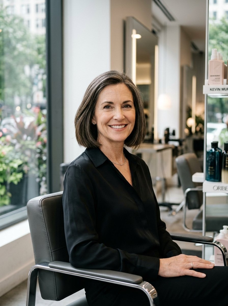 A smiling woman with a dark bob haircut sitting in a grey salon chair near a window.