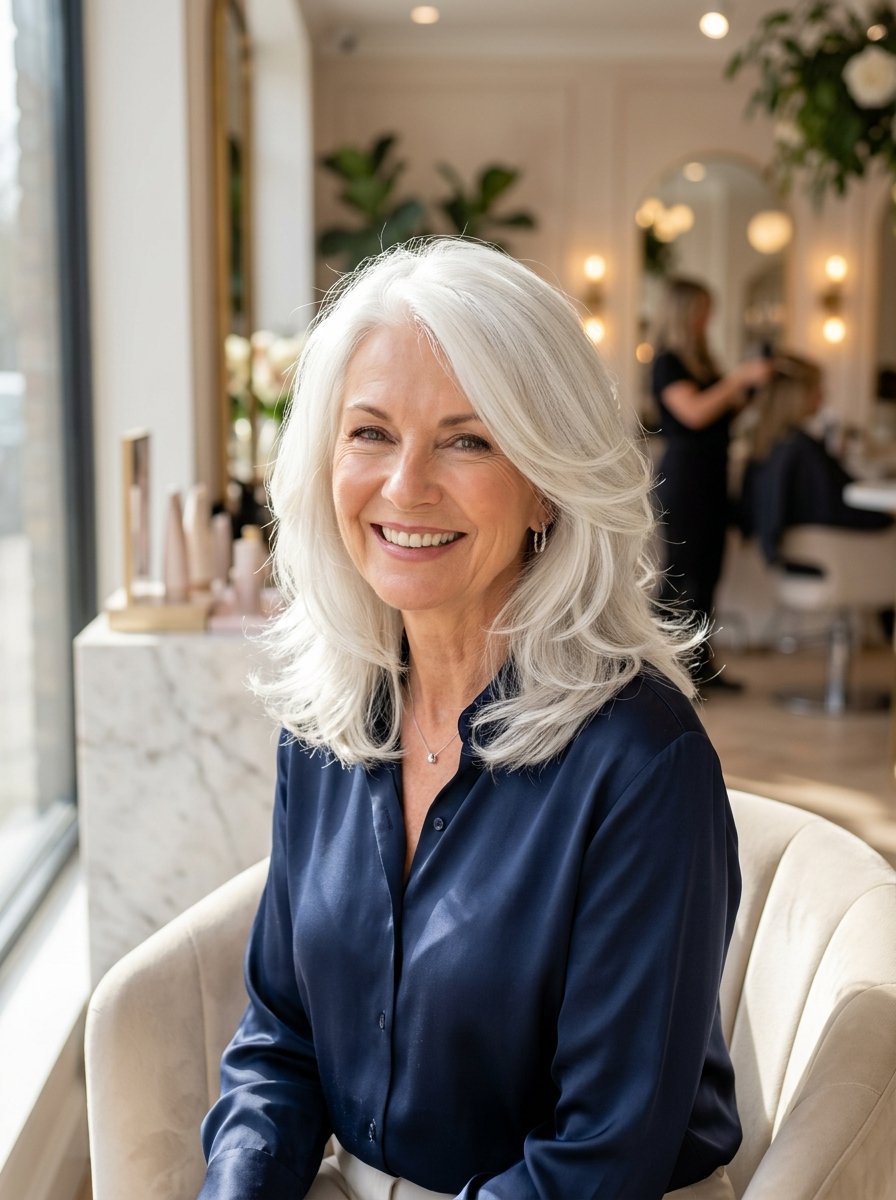 Portrait of a happy older woman with layered white hair wearing a navy blue blouse in a luxury hair salon.