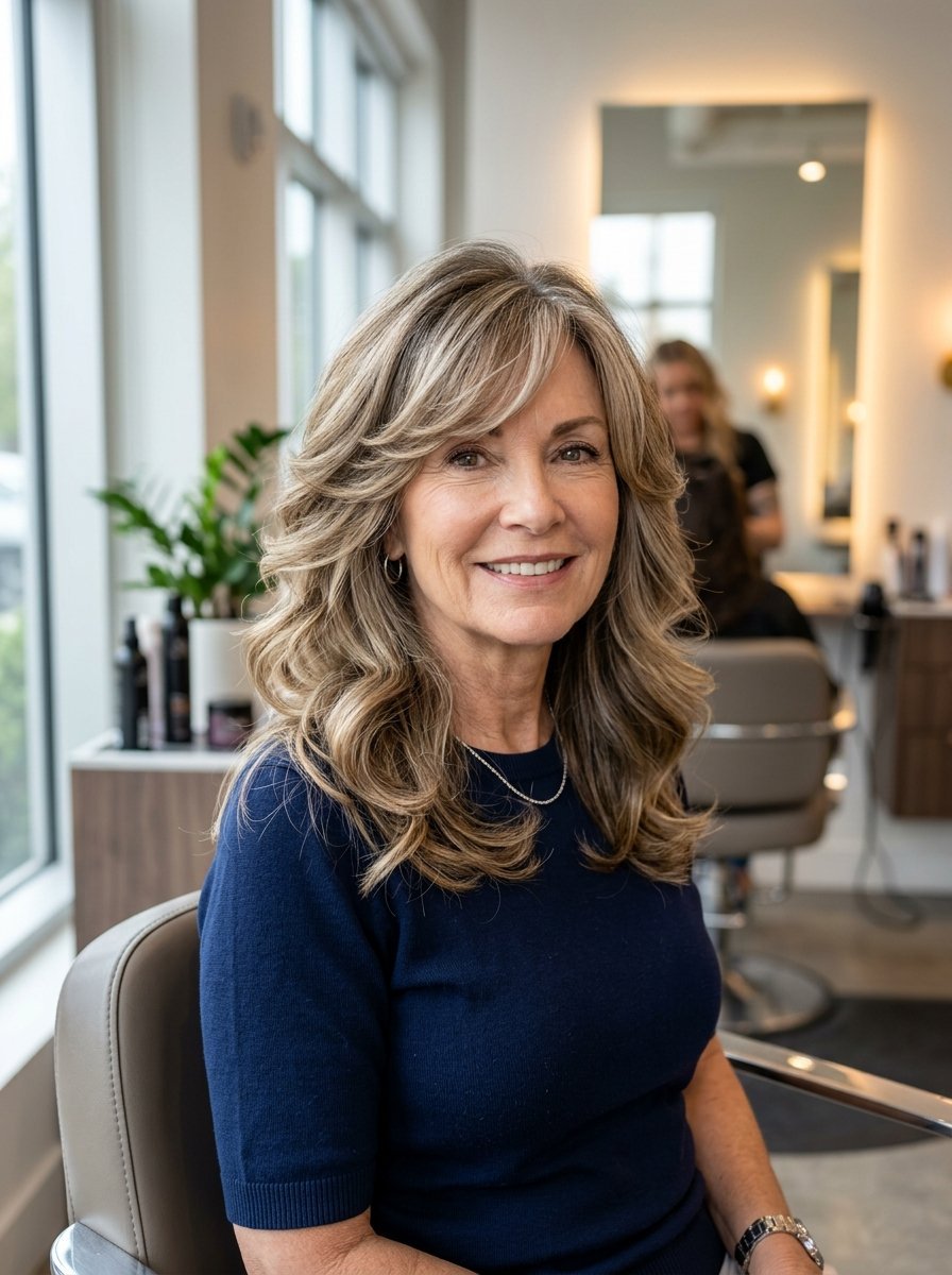 Middle-aged woman with blonde highlights and layered hair posing in a professional salon.
