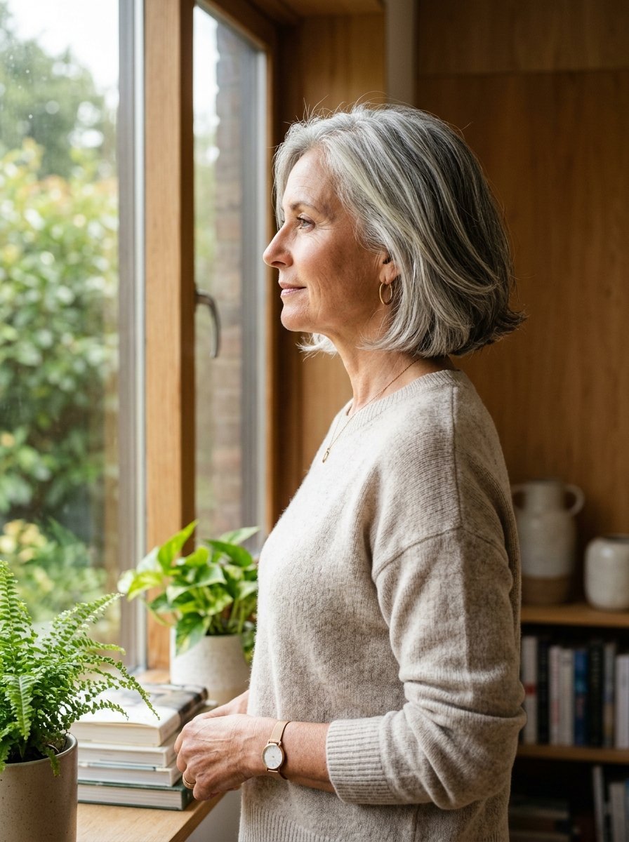 Profile view of a middle-aged woman with grey hair wearing a beige sweater standing by a window with plants.