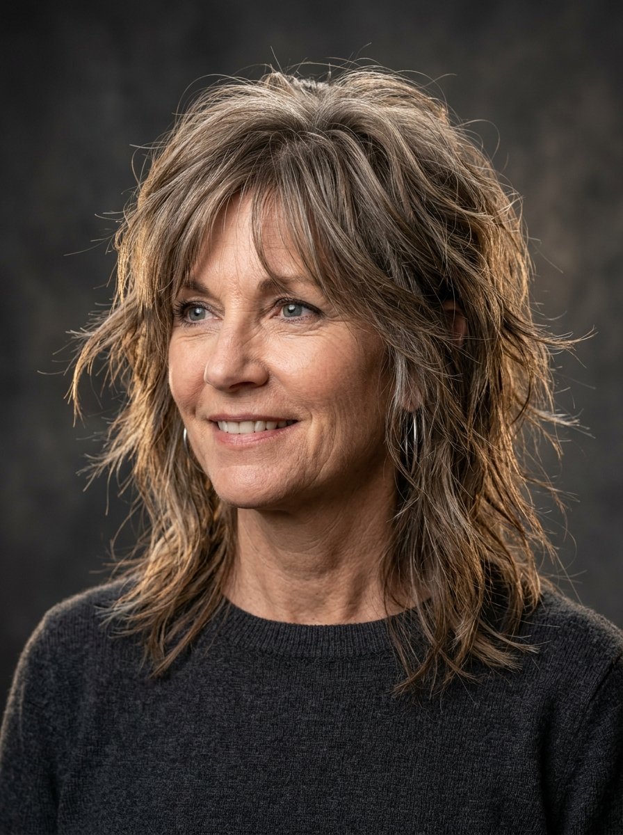 Close-up portrait of a middle-aged woman wearing a charcoal sweater with textured, shoulder-length grey hair.
