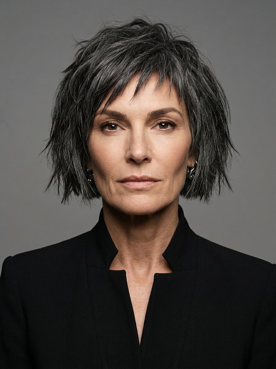 Portrait of a middle-aged woman with choppy grey hair wearing a black collared jacket against a neutral backdrop.