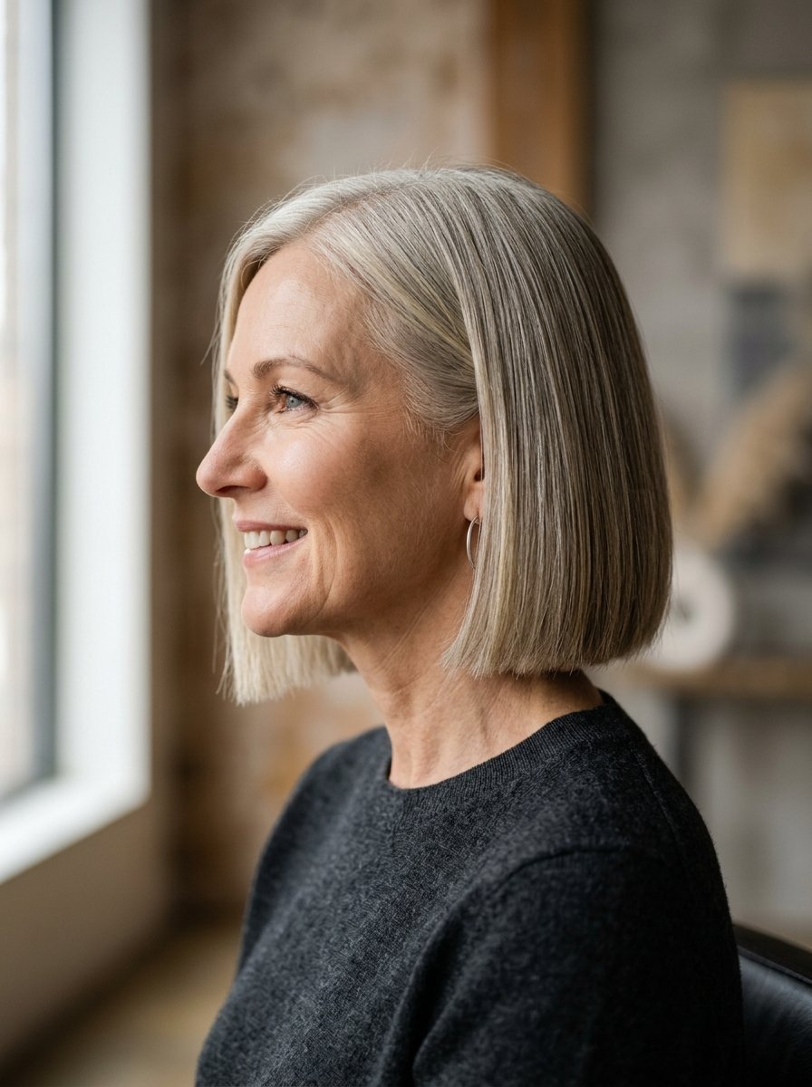 Profile view of a middle-aged woman with straight grey hair looking out a window.