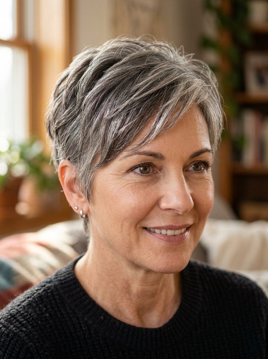 Close-up portrait of a middle-aged woman with layered salt and pepper pixie hair wearing a black sweater.