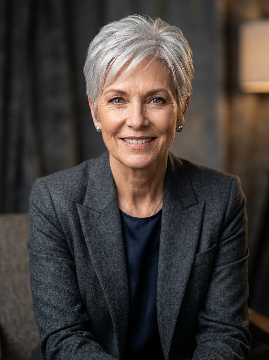 Portrait of a smiling woman with a short grey pixie cut wearing a grey blazer and navy top.
