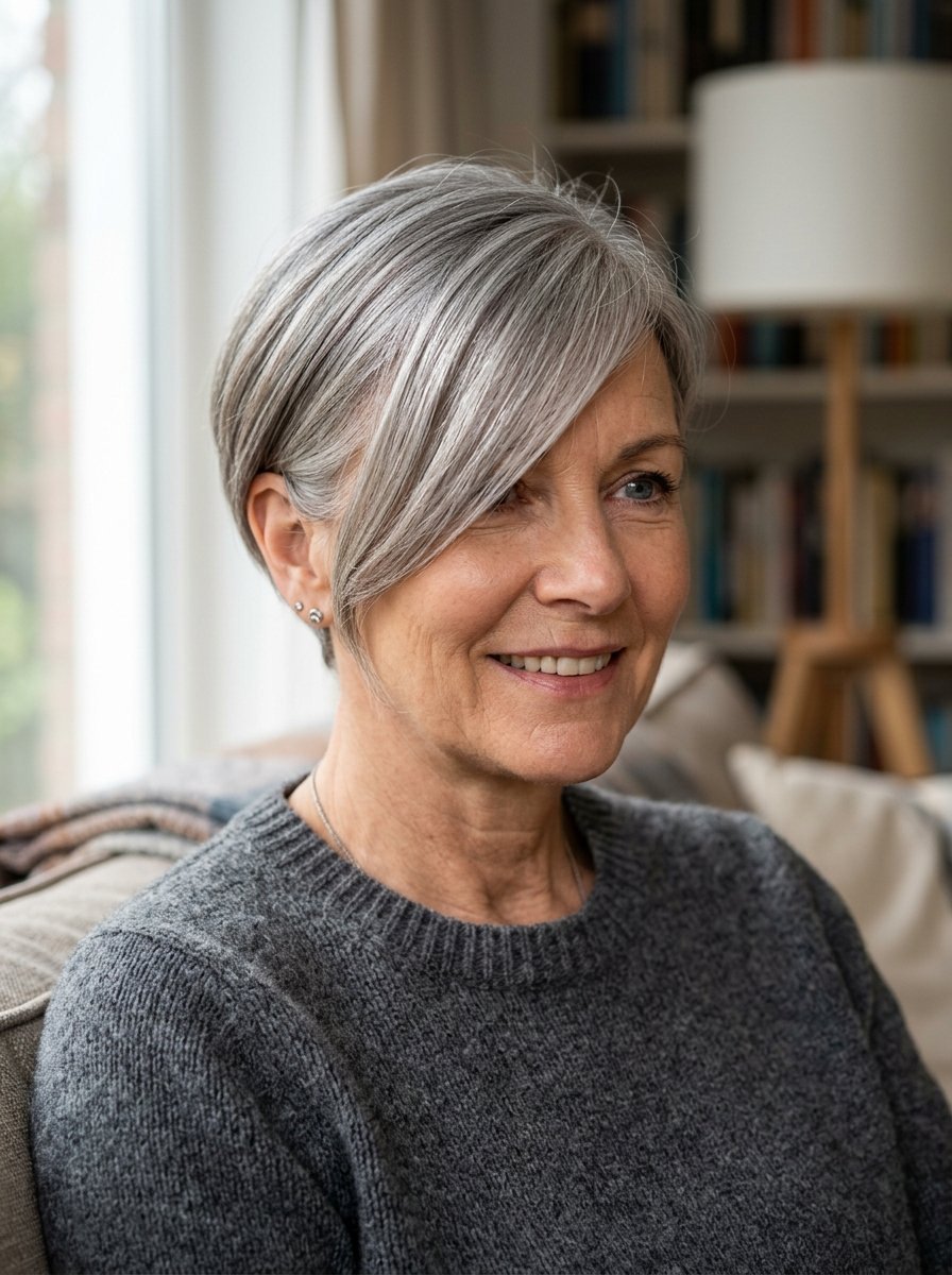Close-up of a middle-aged woman with silver hair wearing a cozy grey sweater sitting indoors.