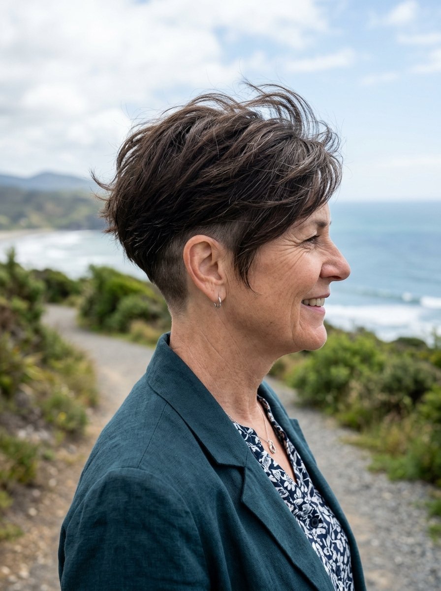 Profile view of a smiling woman with a short, layered brown haircut and shaved sides standing by a coastal trail.