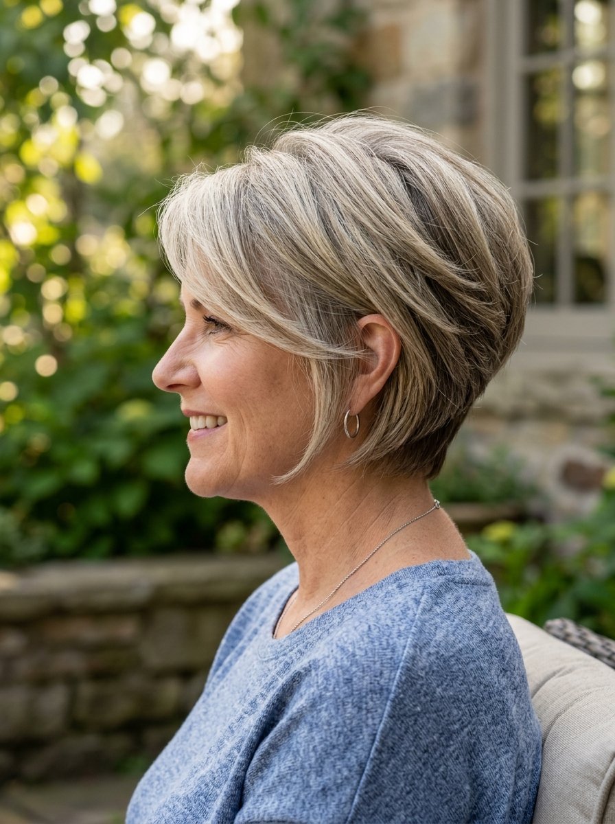 Middle-aged woman in profile view with a short, modern grey layered haircut, wearing a blue sweater outside.