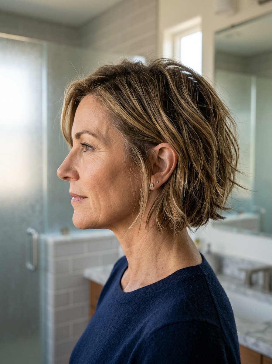 Middle-aged woman in a dark blue sweater showing her wavy chin-length haircut in a bathroom setting.