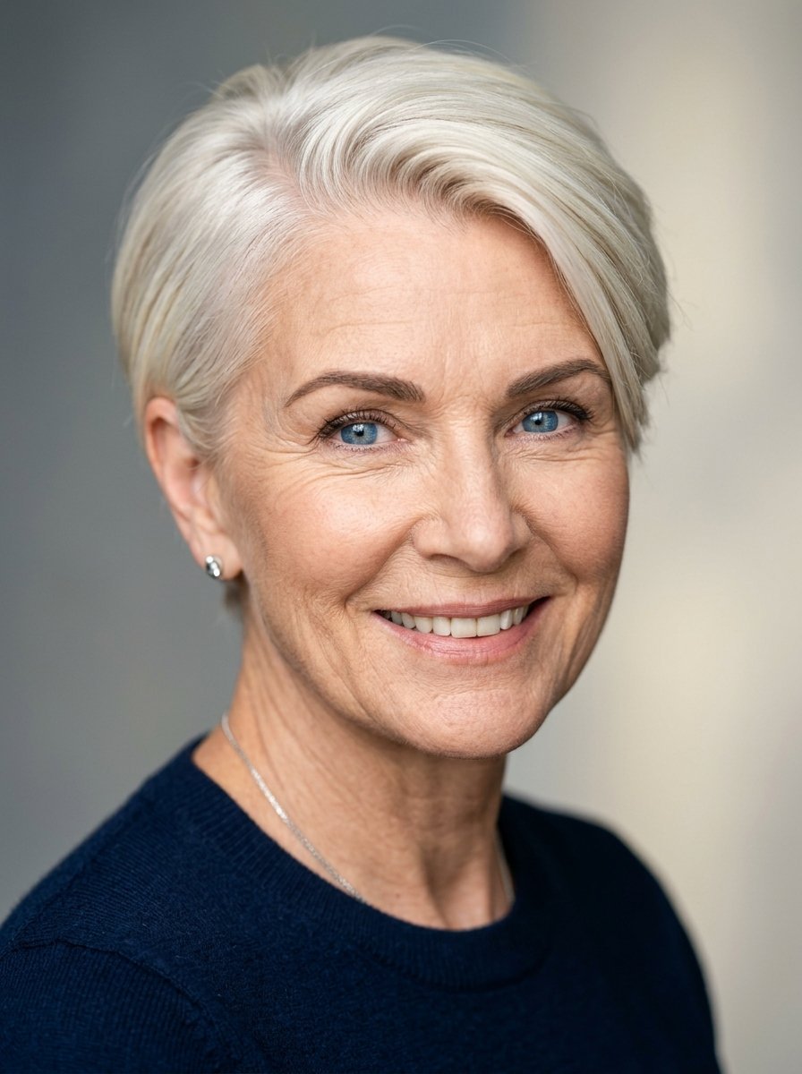 Close-up portrait of a middle-aged woman with short, styled silver hair and a navy blue top against a gray background.