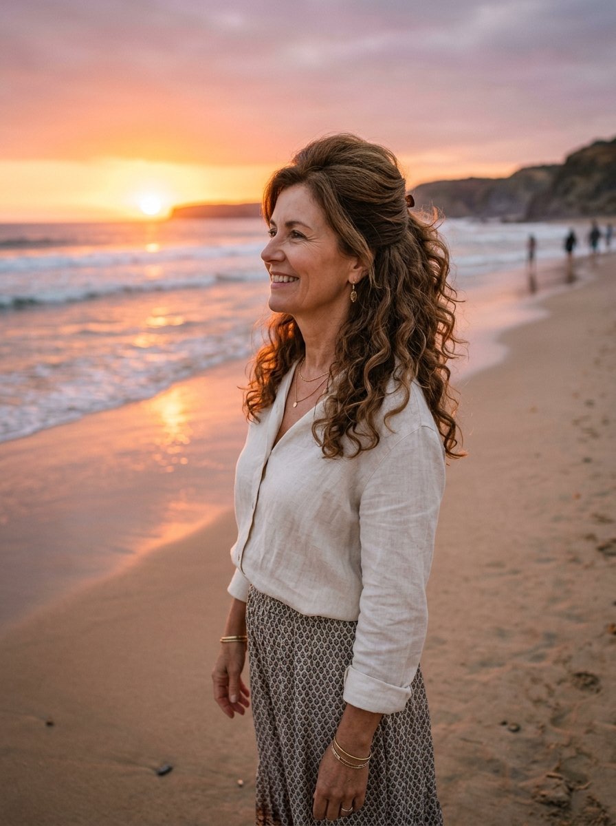 Middle-aged woman with curly hair wearing a linen shirt standing on a sandy beach at sunset.