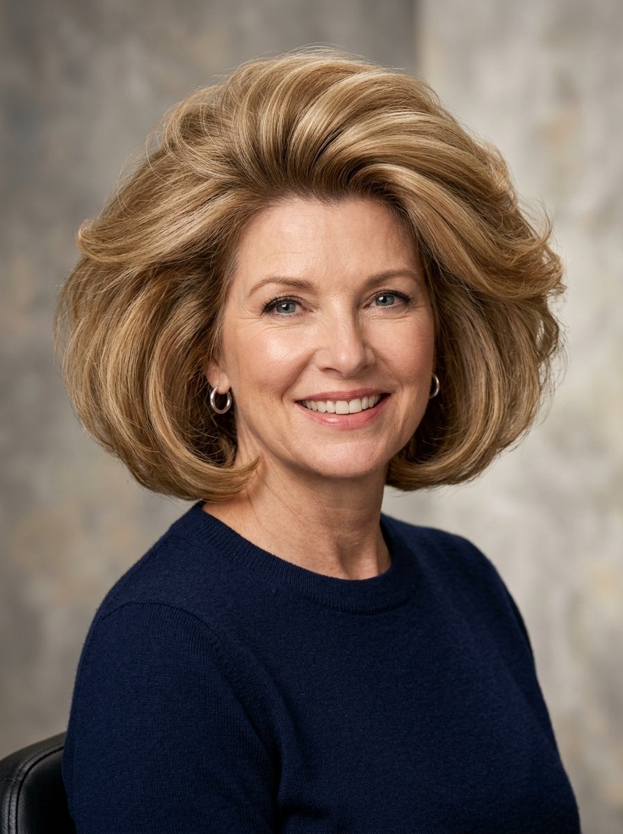 Portrait of a smiling middle-aged woman wearing a dark blue sweater against a textured grey background.