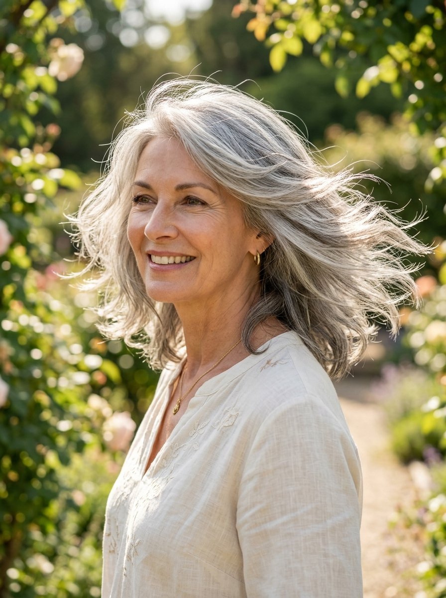 A smiling woman with shoulder-length silver hair standing outside near rose bushes.