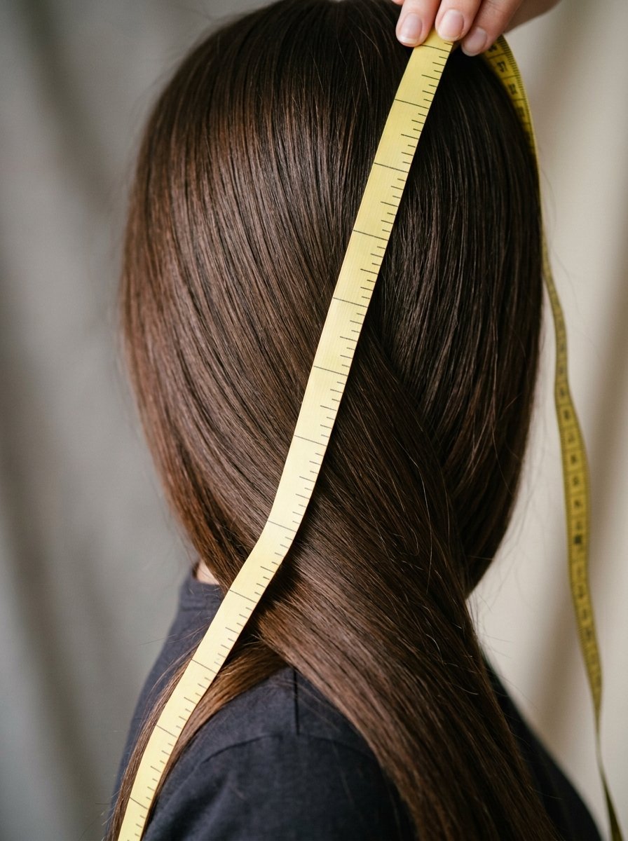 Close up of someone holding a yellow measuring tape against smooth, dark brown hair.