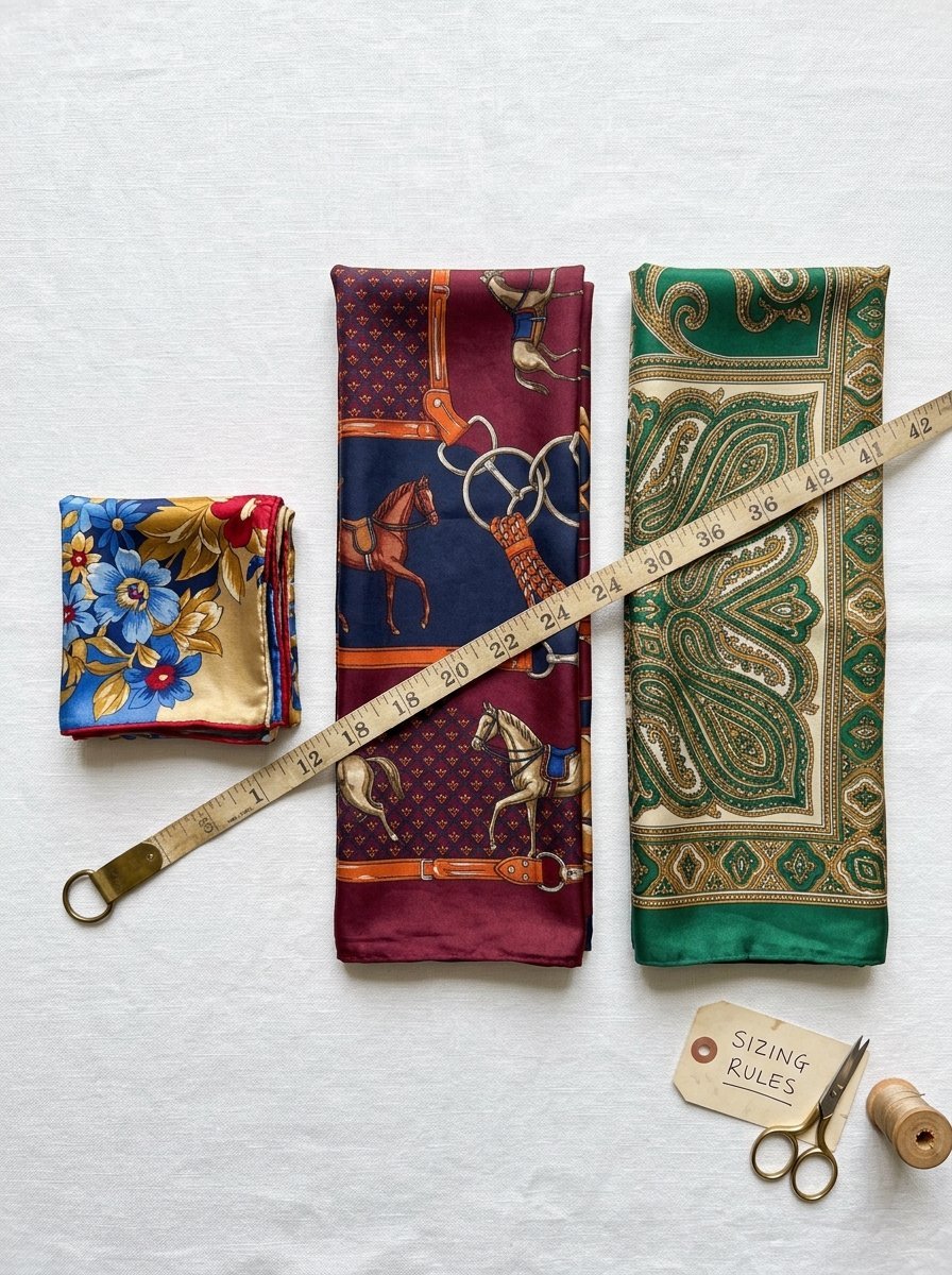 A yellow floral square, an equestrian motif scarf, and a green paisley scarf being measured by a tape measure.