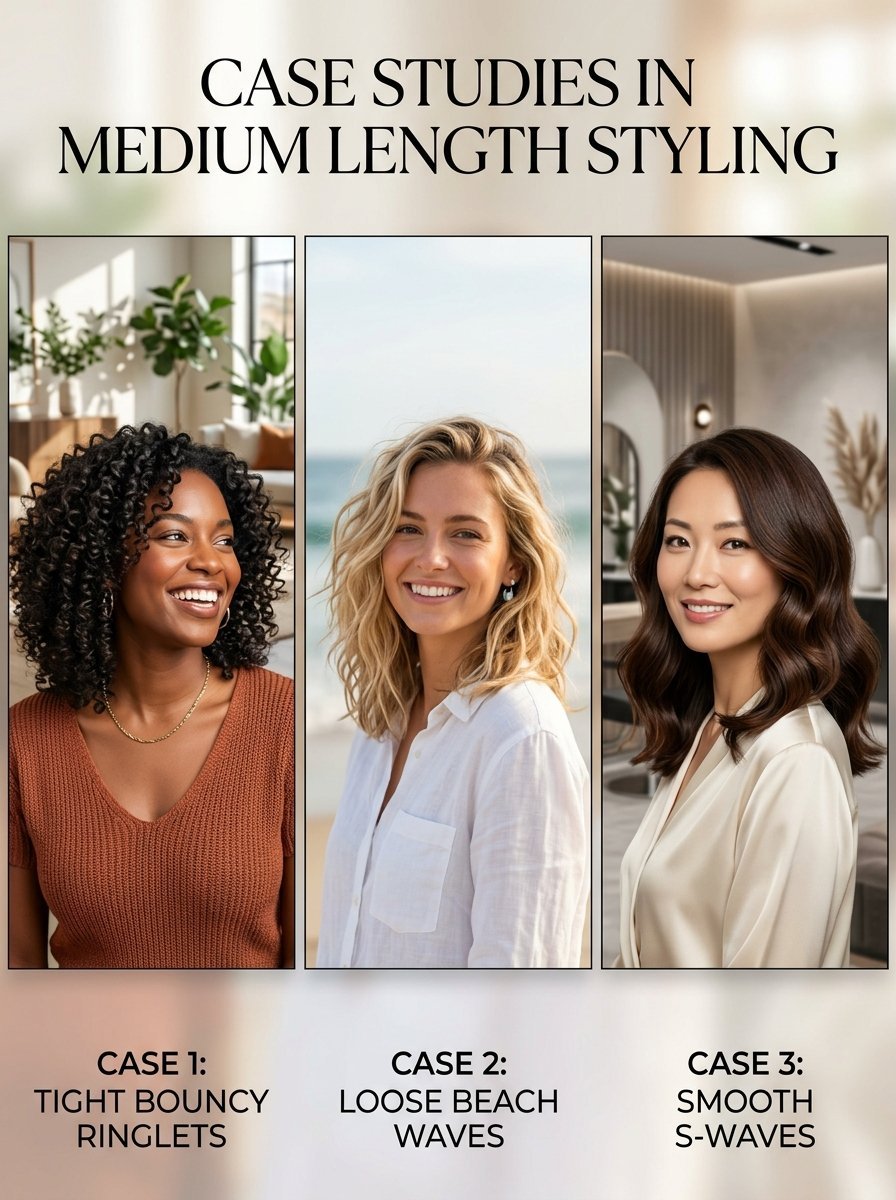 Three portraits showing tight ringlets, loose beach waves, and smooth s-waves on medium length hair.