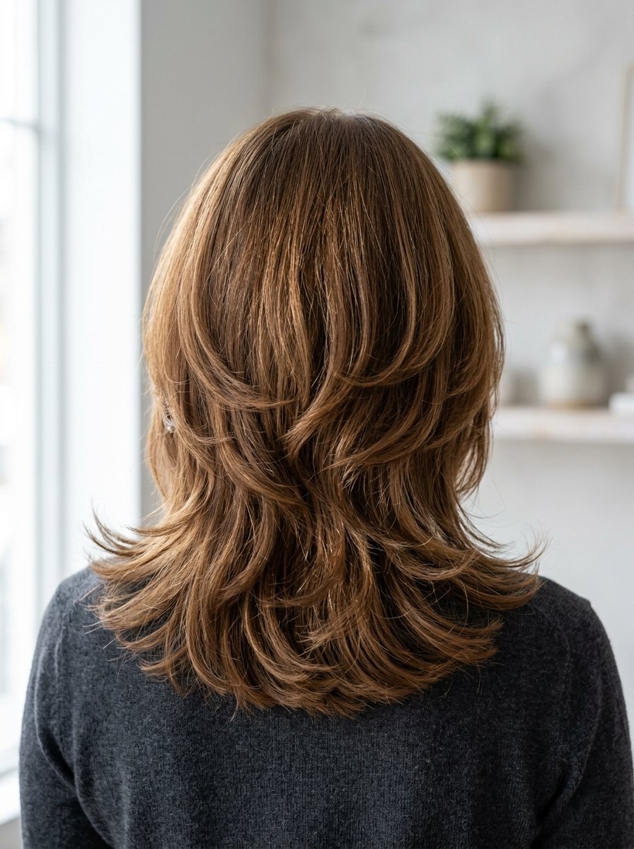 Back view of a person with shoulder length layered brunette hair styled with soft waves.