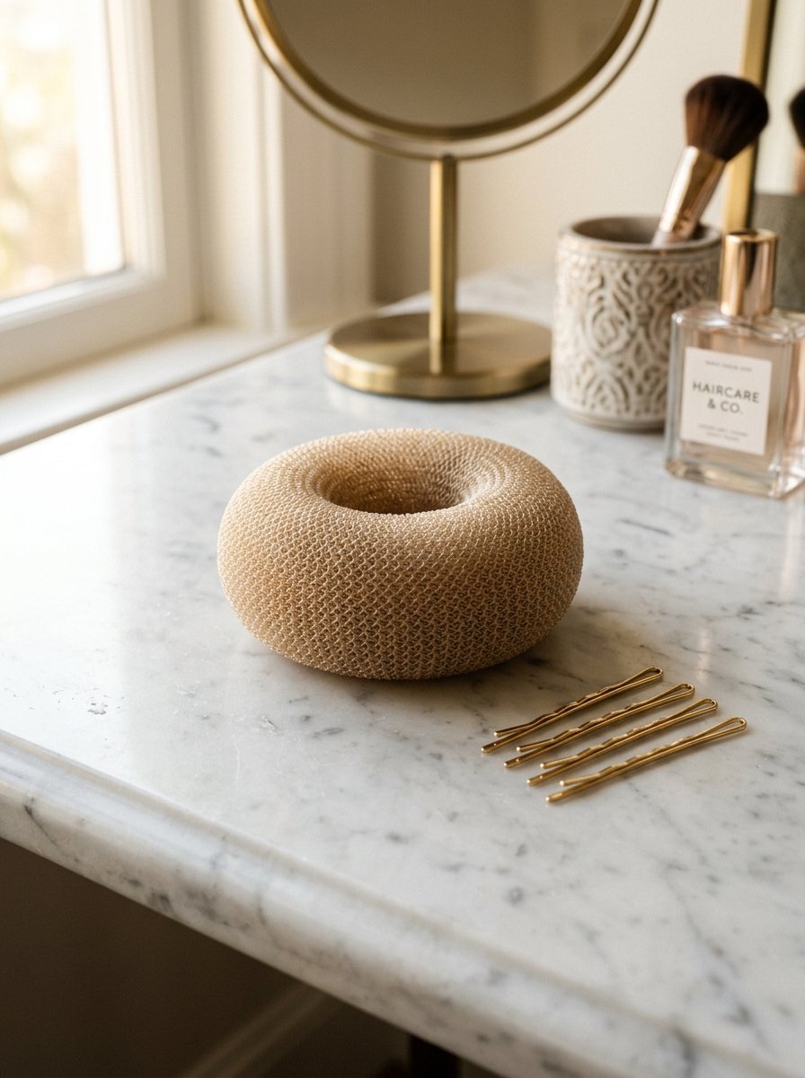 A beige circular mesh hair bun shaper sitting on a marble table next to four gold bobby pins.
