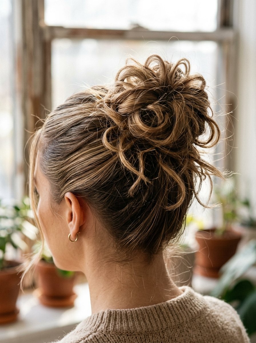 Close-up back view of a woman with highlighted hair styled into an intricate, voluminous messy bun near a window.