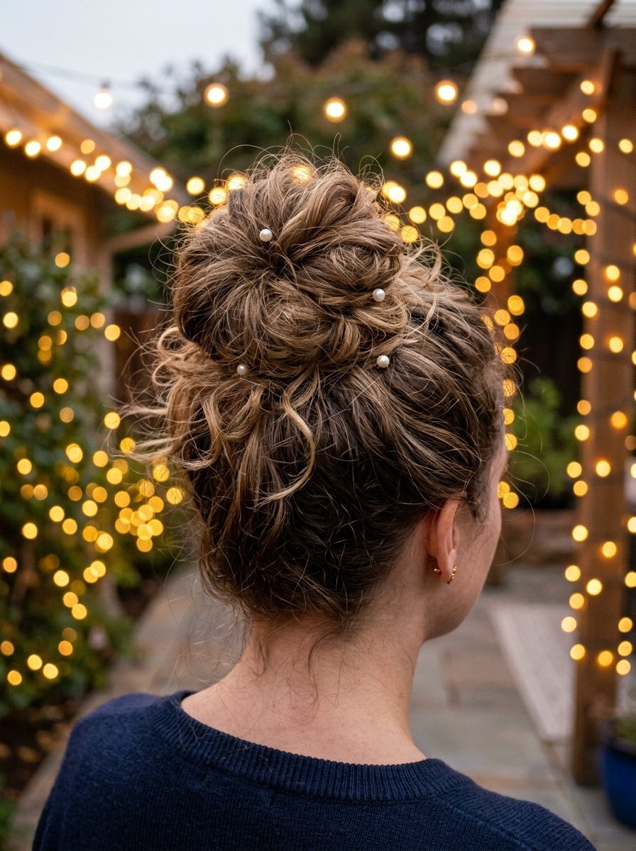 Back view of a woman wearing a loose, wavy hair bun decorated with small white pearl hairpins outdoors at night.