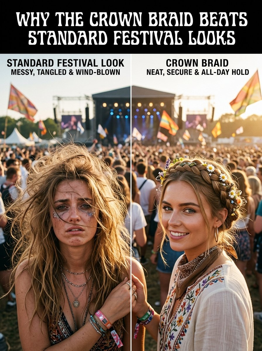 Split screen image showing a wind-blown woman at a concert next to a woman wearing a neat flower-adorned crown braid.