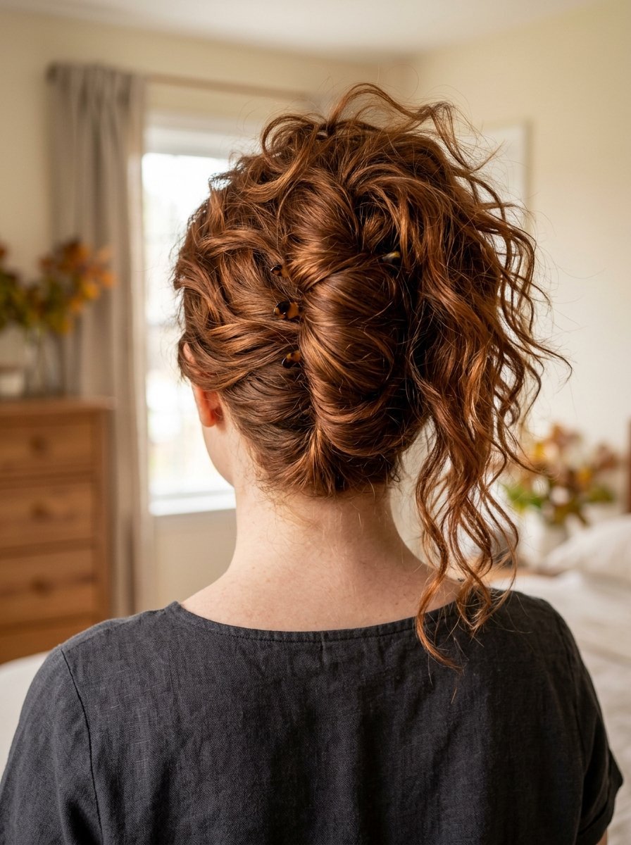 Back view of a woman with curly auburn hair in a messy twist hairstyle held by small tortoiseshell clips.