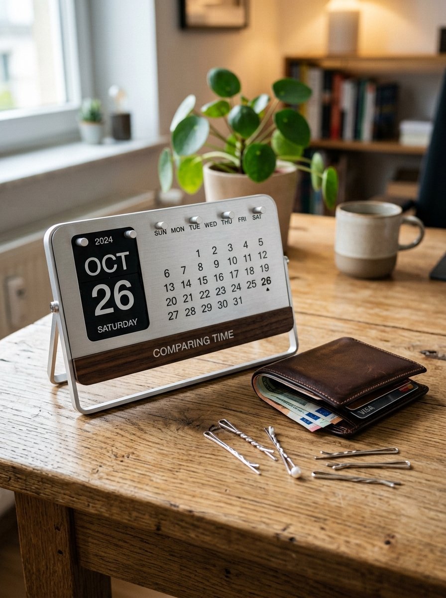 Modern silver desk calendar showing October 26 next to a brown leather wallet and hair clips.