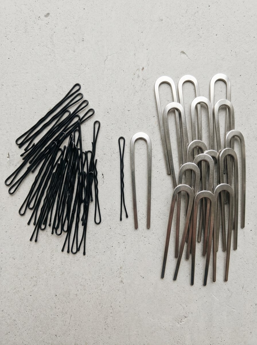 Group of black wire bobby pins alongside several stainless steel U-shaped hair forks on a concrete background.