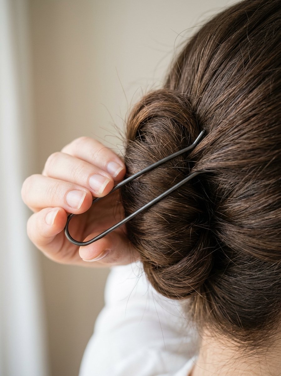 Close up of a hand securing a brown hair bun with a minimalist u-shaped metal hair pin.