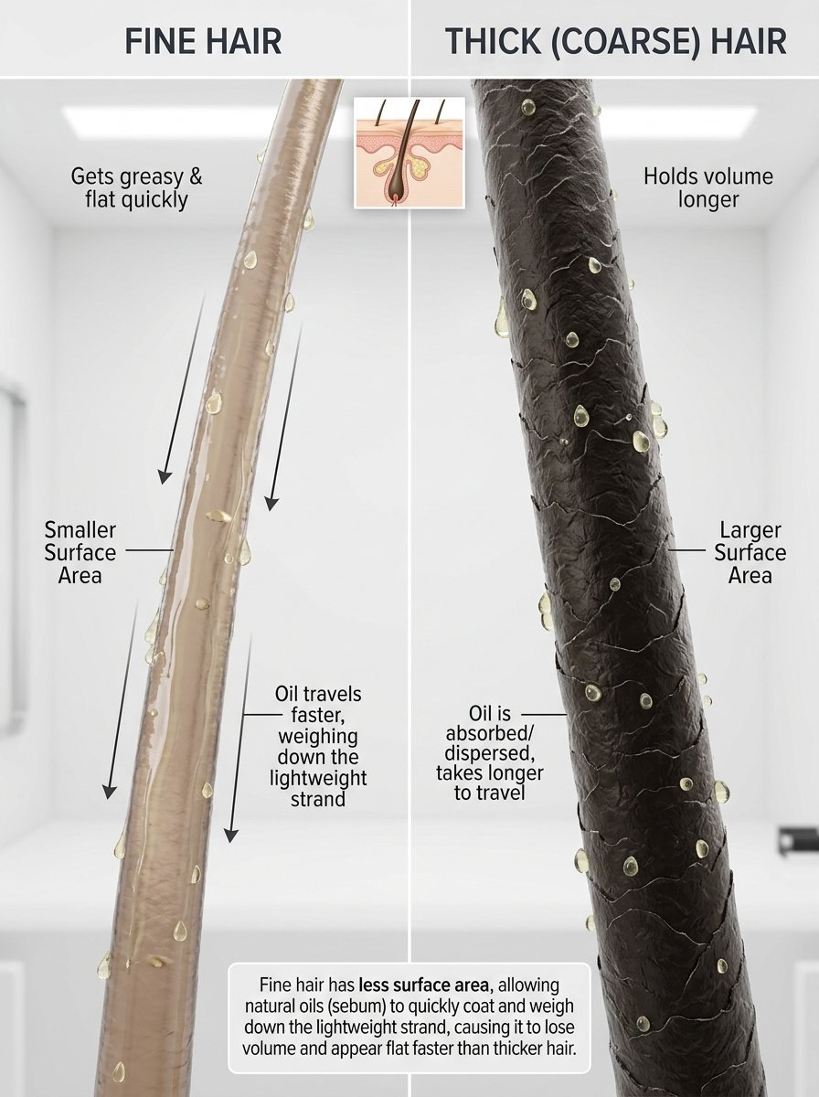 Diagram showing how sebum travels down fine versus thick hair strands to affect overall volume.