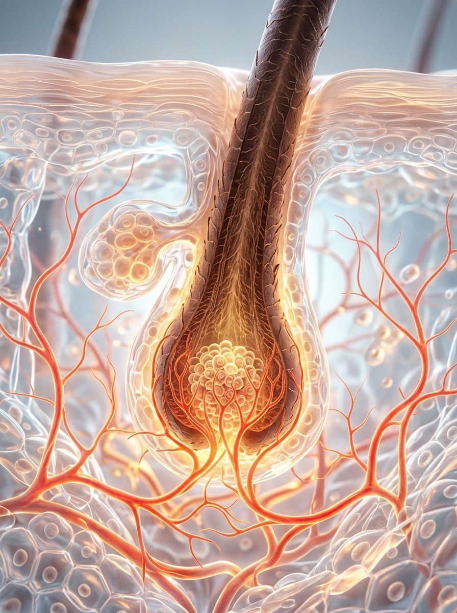 Close-up medical illustration of a hair follicle root surrounded by capillaries and skin cells.