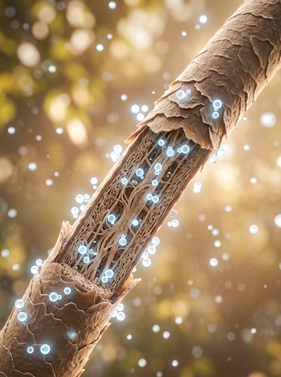 Close-up of a damaged hair shaft structure being penetrated by glowing light blue hydrating moisture bubbles.