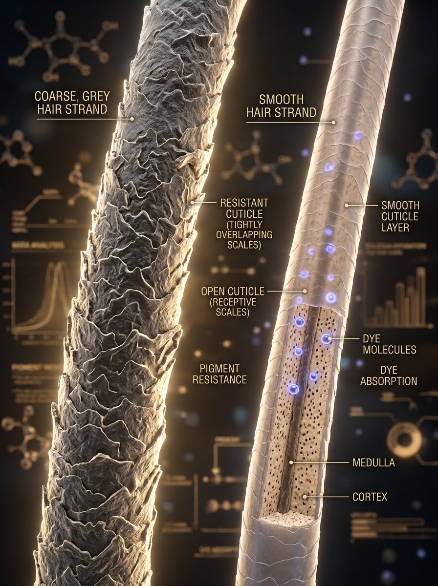 Close-up diagram showing hair cuticle layers, dye molecule absorption, and the internal medulla and cortex anatomy.