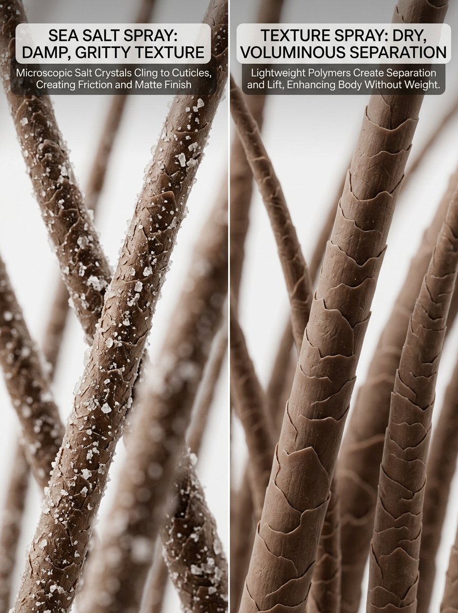 Split screen view of hair shafts showing salt crystals on the left and polymer coated strands on the right.