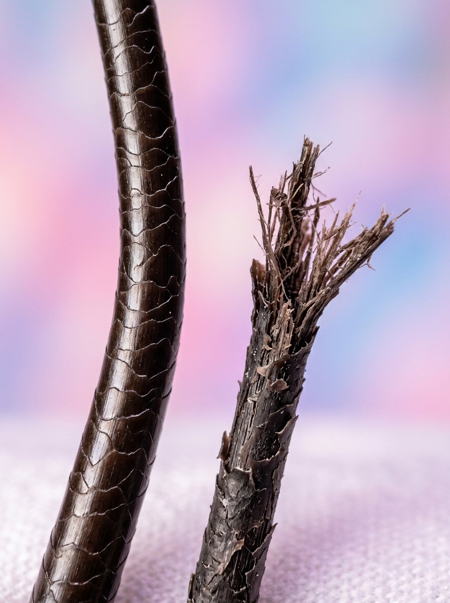A magnified image comparing a healthy hair shaft to one with severe breakage and frayed ends.