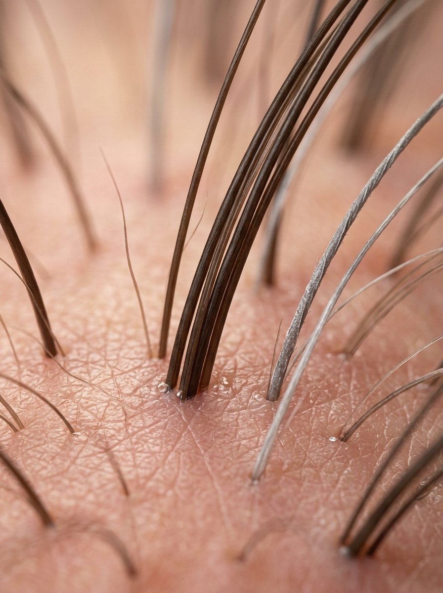 Macro photography showing detailed skin texture and emerging hair strands from a human scalp.