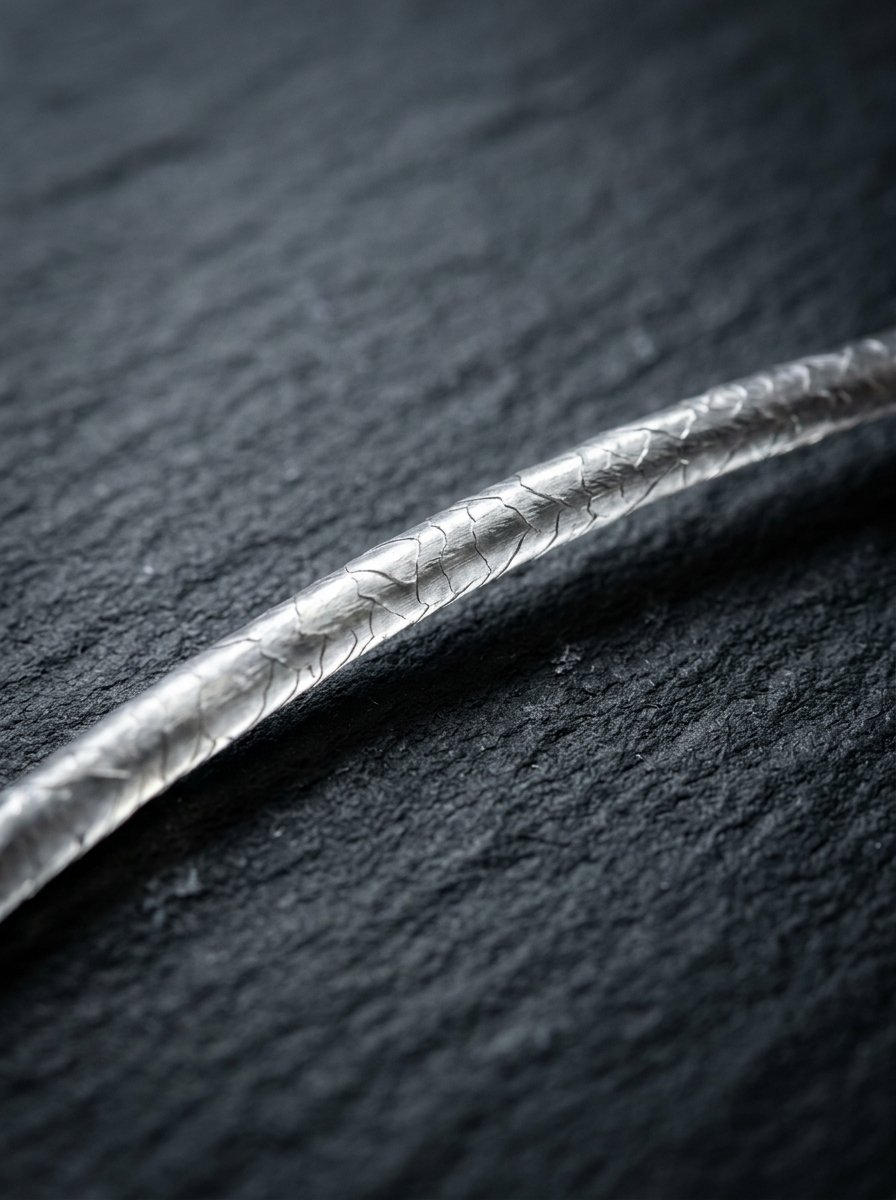 Close-up of a single translucent hair shaft showing detailed cuticle texture against a dark stone background.