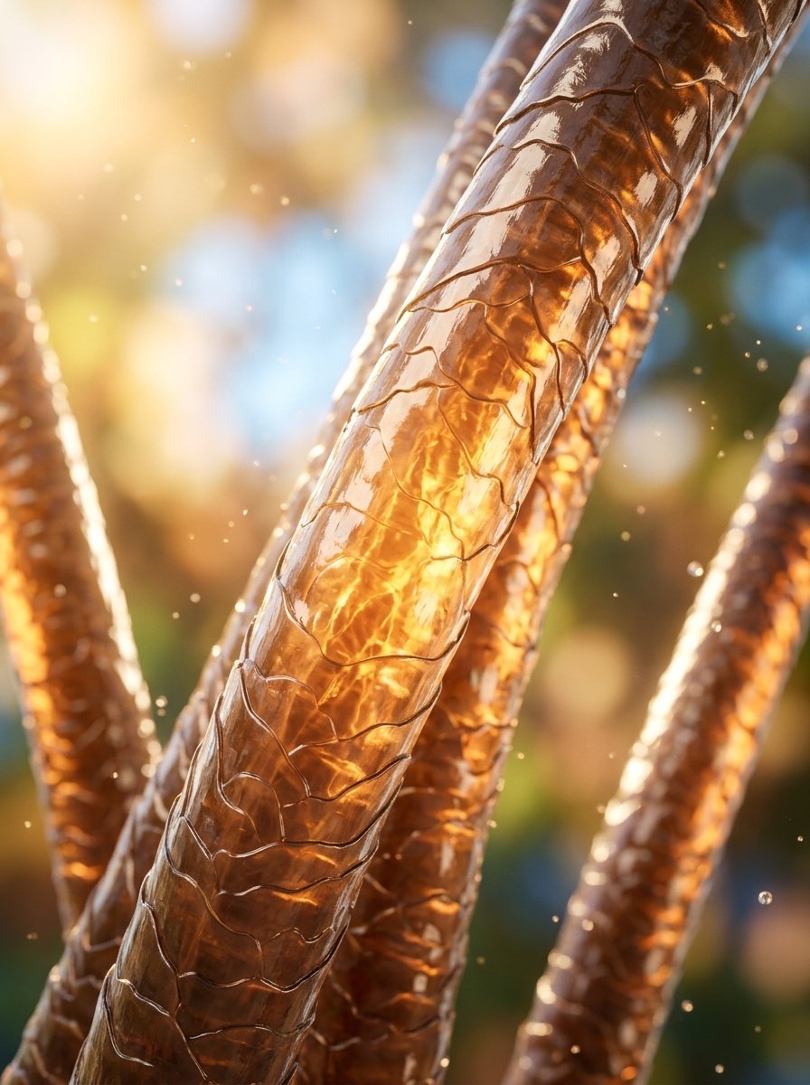 Detailed macro view showing the cuticles and internal structure of several shiny brown hair strands.