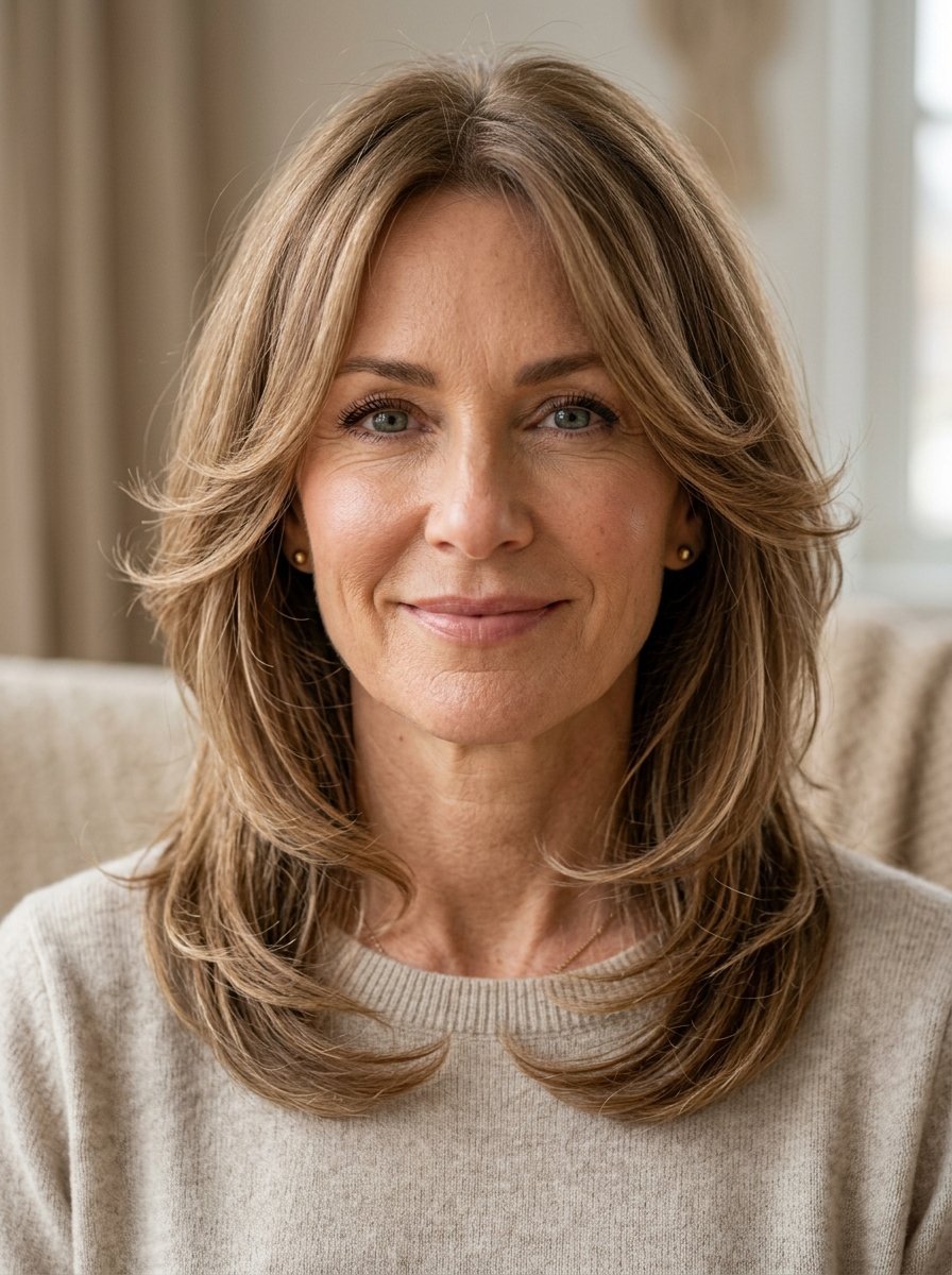 Close-up portrait of a middle-aged woman wearing a beige sweater with styled layered hair.