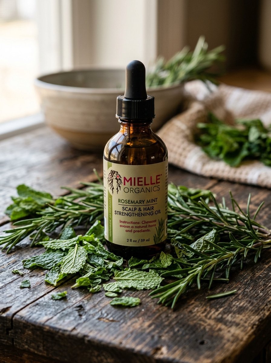 A brown dropper bottle of hair oil surrounded by fresh rosemary sprigs and mint leaves on a rustic wooden table.