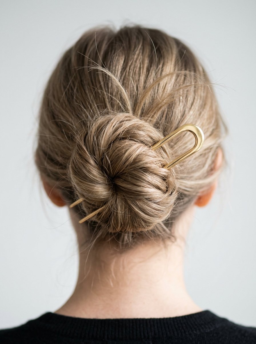 Back view of a blonde woman wearing a gold metal hair fork in a loose, casual bun hairstyle.