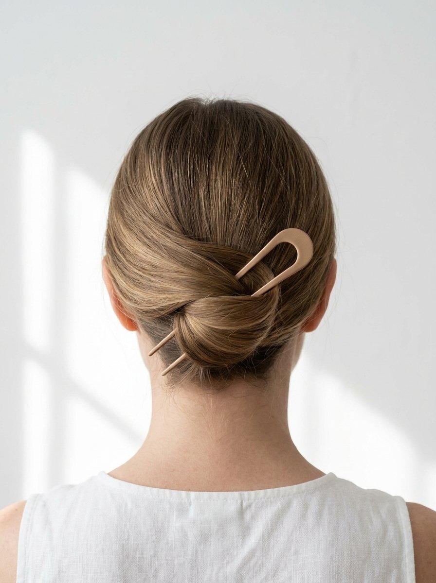 Back view of a woman with brown hair styled in a low bun secured with a matte beige u-shaped hair pin.