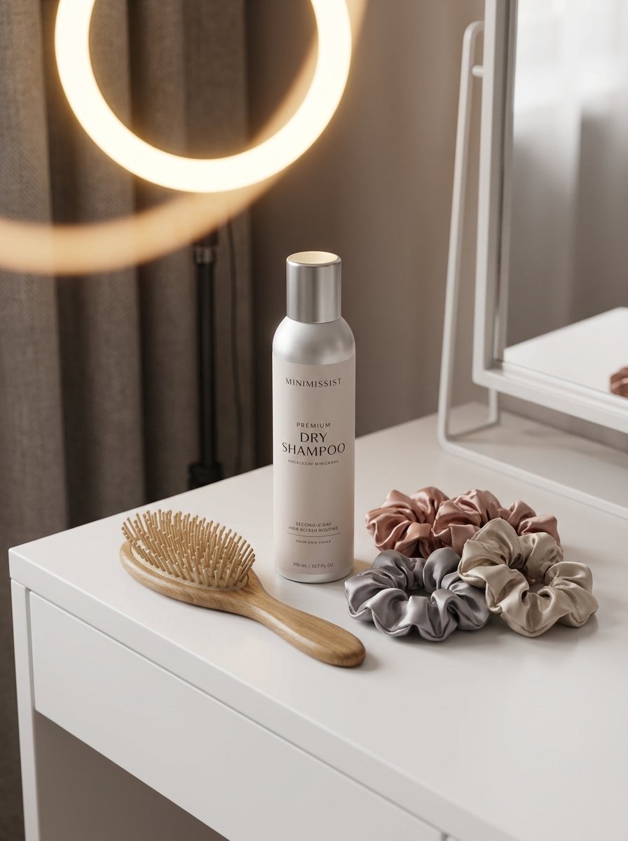 A beige dry shampoo bottle, wooden paddle brush, and three silk scrunchies sitting on a white vanity table.